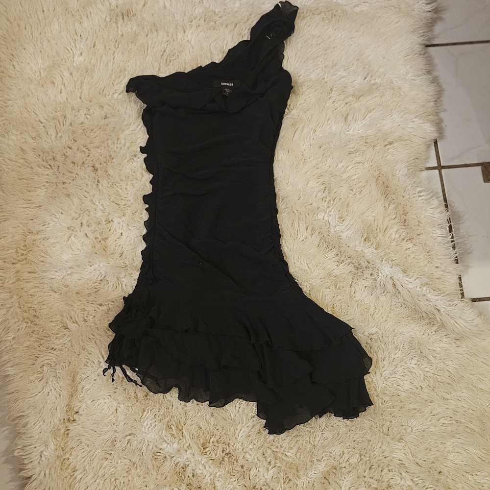 Express Black Asymmetrical Ruffled Mini Dress